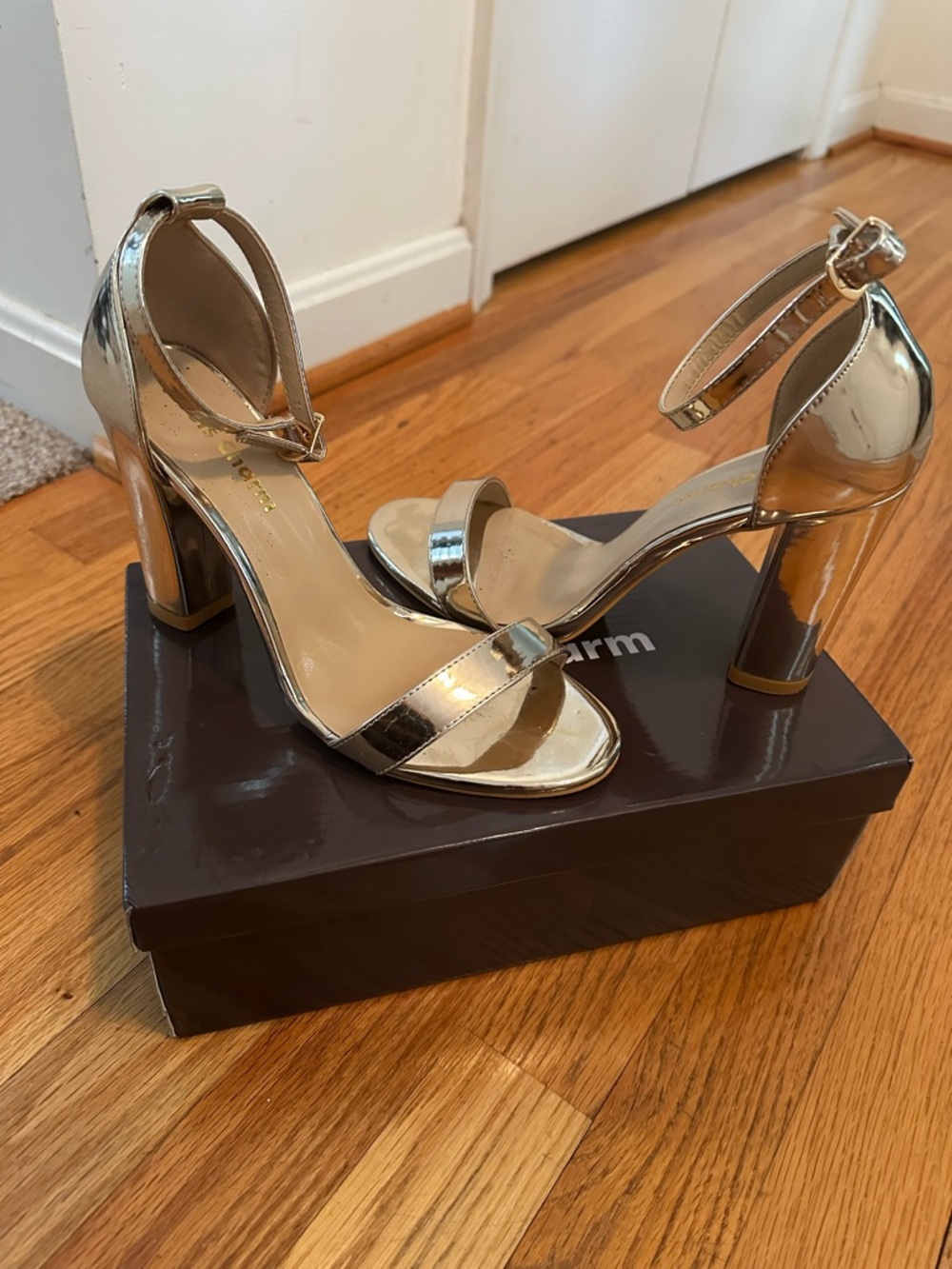 Shiny Gold Ankle-Strap Block Heels - Women's